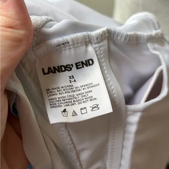 Lands’ End Blue White Toile Cutout One Piece Swimsuit Tie Front XS 2-4 - Picture 2 of 10